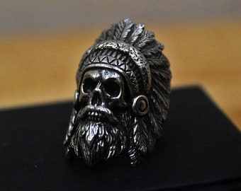 Handmade Indian Skull ring : Oxidized White Brass and Sterling Silver ring