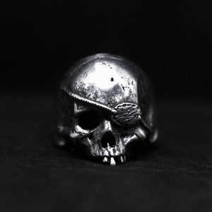 Handmade Eye Patch Pirate Skull Ring : Oxidized lead free pewter, White Brass and Sterling Silver ring