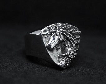Handmade Iron Horse 3D ring : Oxidized Sterling Silver 925 signet ring