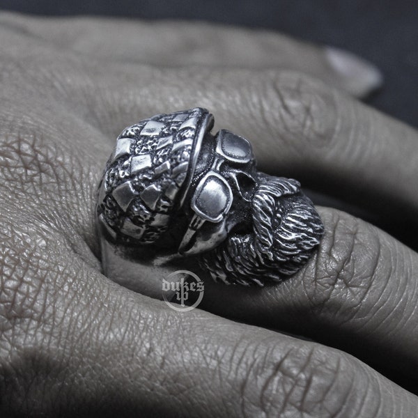 Handmade stylish bearded gentleman skull ring with hat and glasses : Oxidized lead free pewter, brass and Sterling silver skull rings