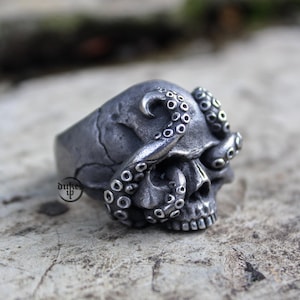 Handmade Skull Tentacle ring : Oxidized lead free pewter, White Brass and Sterling Silver ring