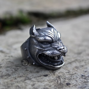 Hand sculpted pitbull ring : Oxidized lead free pewter ring
