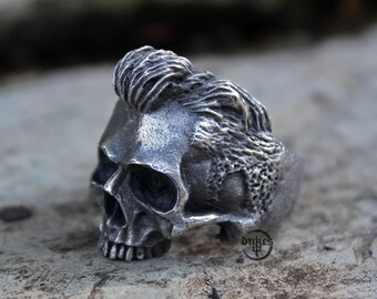 Handmade Slick back hair Skull ring : Oxidized lead free pewter, White Brass and Sterling Silver ring
