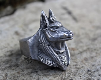 Handmade Anubis ring : Oxidized lead free pewter, White Brass and Sterling SIlver ring