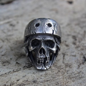 Handmade Skater Skull ring : Oxidized lead free Pewter, White Brass and Sterling Silver ring