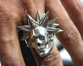 Handmade Spikey Hair Punk Rock ring : Oxidized White Brass and Sterling Silver ring