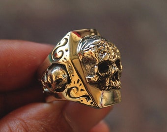 Handmade Coffin Skull ring : Oxidized Brass and Sterling Silver ring