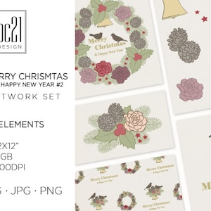10 éléments de design graphique - Botanique de Noël - Joyeux Noël et Bonne Année 02 - Impressions numériques, Téléchargements instantanés