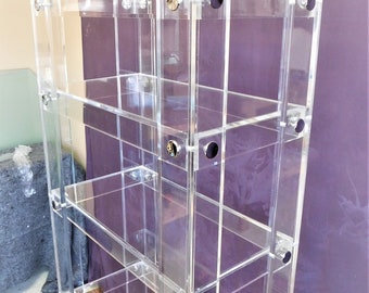 Acrylic Bookshelf "button line" style 72"H x 32"W x 12"D- gold or chrome connectors- Custom sizing never a problem, hand crafted in the U.S.