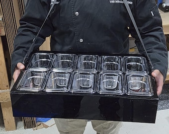 Acrylic floating charcuterie board, adjustable strap 22"L x 16"W with (10) 1/9 Size 4" Deep Clear Polycarb Food Pan: 13 colors available