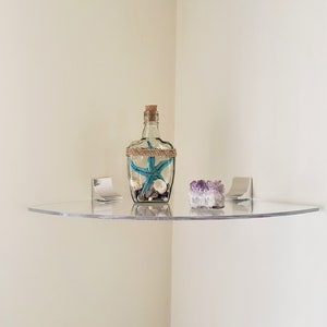 Clear Acrylic Corner wall shelf with metal brackets: 12&quot;D 1/4&quot; acrylic - Neon Colors also available - USA made - Choose your bracket style!