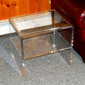 Clear Acrylic Side Table with shelf, waterfall edge design, end table - 20" H x 14"D x 20"W in 3/4" Lucite, Plexiglass - Made in the USA!!!