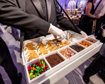 Acrylic Canolli usherette serving tray w/ adjustable strap 22"L x 16"W with removable insert tray 3" x 3" x 21" 13 colors available