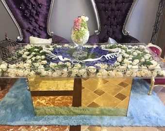Acrylic Bride Groom Ghost table with mirror or white base- 72"L x 24"W clear modular top- Hand crafted in the U.S. - custom sizing welcome