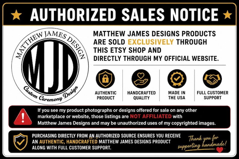 Puede incluir: Un letrero rectangular titulado AUTHORIZED SALES NOTICE con un esquema de color blanco y negro. Presenta el logotipo de Matthew James Design, iconos de producto aut&eacute;ntico, calidad artesanal, hecho en EE. UU. y atenci&oacute;n al cliente.