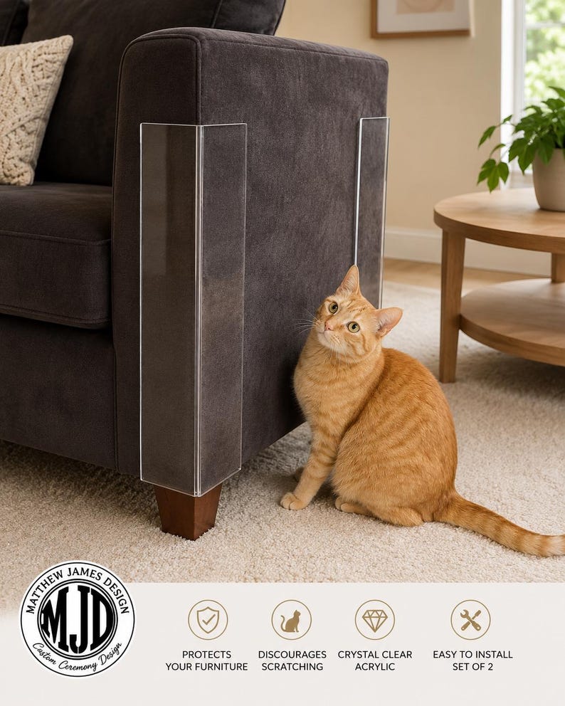 Puede incluir: Un juego de dos protectores de muebles de acr&iacute;lico transparente fijados en la esquina de un sof&aacute; gris oscuro. Los protectores son transparentes, rectangulares y r&iacute;gidos, dise&ntilde;ados para cubrir el borde. Un gato atigrado naranja est&aacute; sentado al lado.