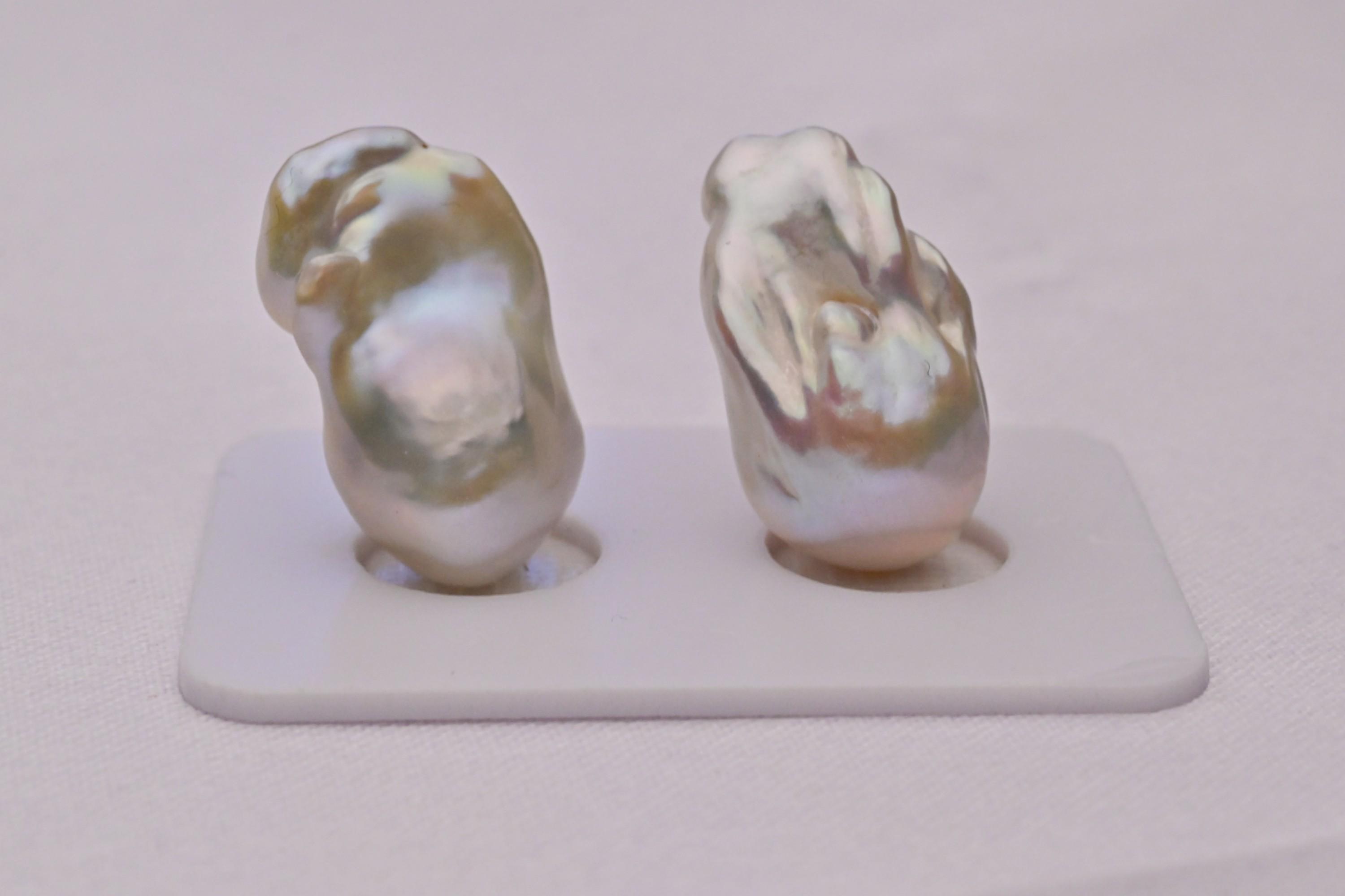 Large Natural Metallic White Baroque Flame Pearls Pair | Dramatic 20-21mm Fire-Shaped Gems with Mirror Luster.XRYK