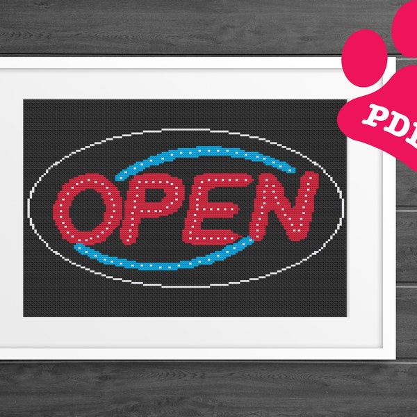 Fun Cross stitch pattern: neon open sign, instant pdf download