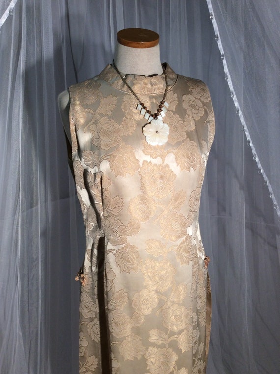 Malia Honolulu long, gold brocade cheongsam with h