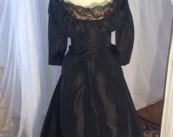 1950's black taffeta, “Jays Boston and Wellesley “ tea length party dress with wide open neckline, 3/4 sleeves and semi full skirt