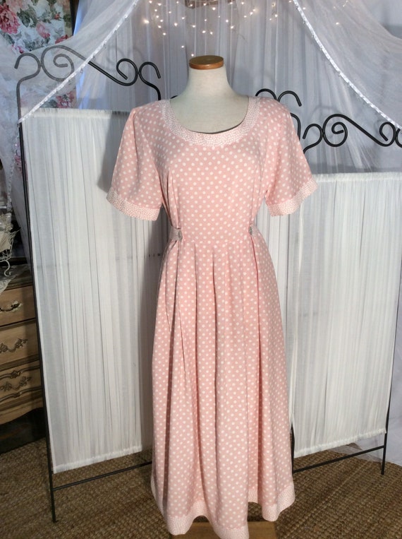 1980's Jamie Brooke pink polka dot maxi day dress