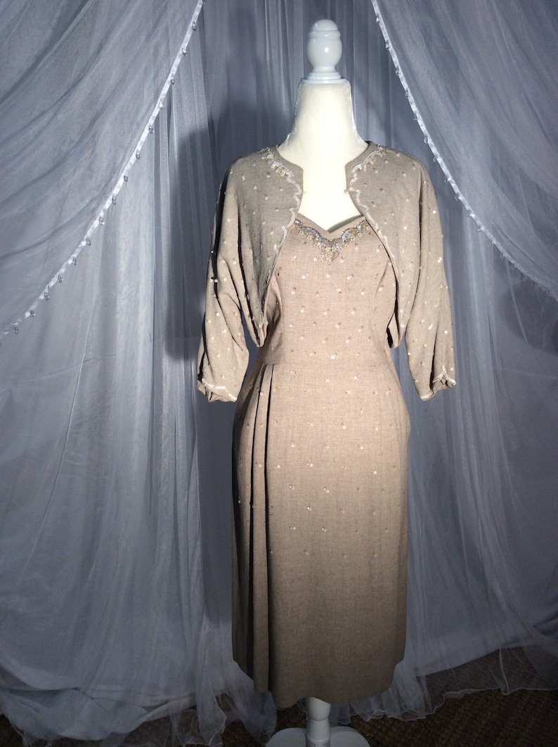 Vintage 1940’s shops Claudia Young oatmeal, soft, linen -like beaded sheath and bolero