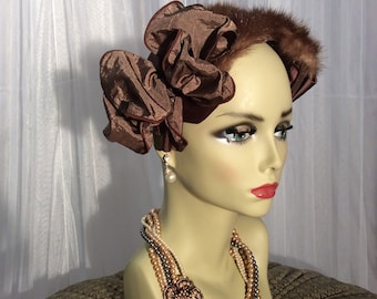Exquisite vintage 1950’s mink and satin formal hat in brown with bow