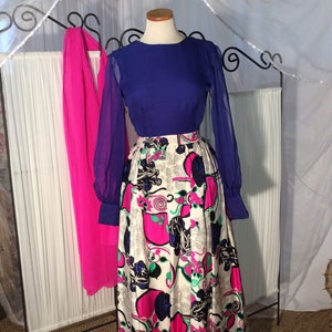 Rare vintage Cleopatra Broumand 1960's bright  silk floral gown with scarf shawl