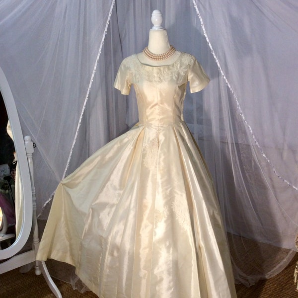Vintage 50’s ivory peau de soie wedding dress with hand sewn appliqué lace roses