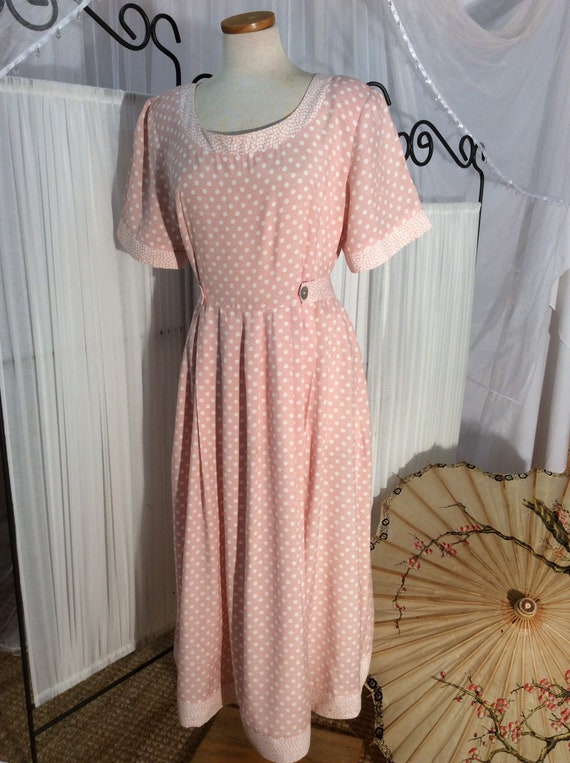 1980's Jamie Brooke pink polka dot maxi day dress - image 3