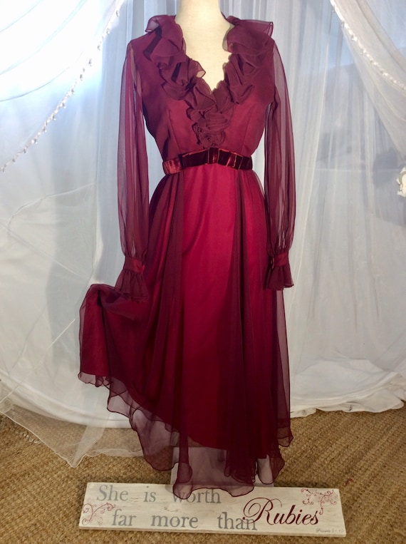 Vintage 1970’s Miss Elliette burgundy crepe boho … - image 1