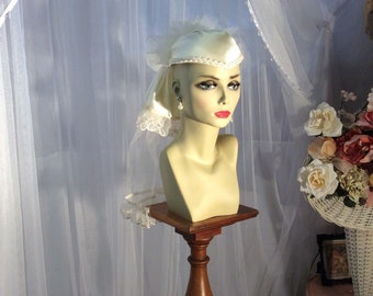Satin and tulle with lace Juliet cap wedding head piece