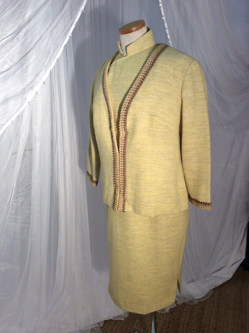 style sheath and matching jacket with gold braid trim Asian Vintage 1950\u2019s yellow wool tweed
