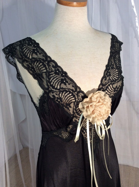 Vintage slip dress in black lace & nylon with shee