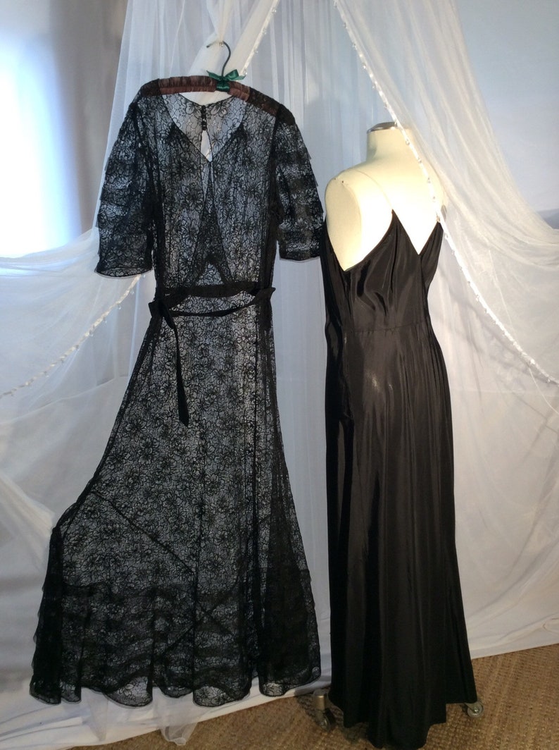 Incredible Vintage 1930s 1940s s black lace maxi dress with horsehair trim and full slip image 5