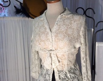 Ivory vintage 50s cotton lace blouse with tie front