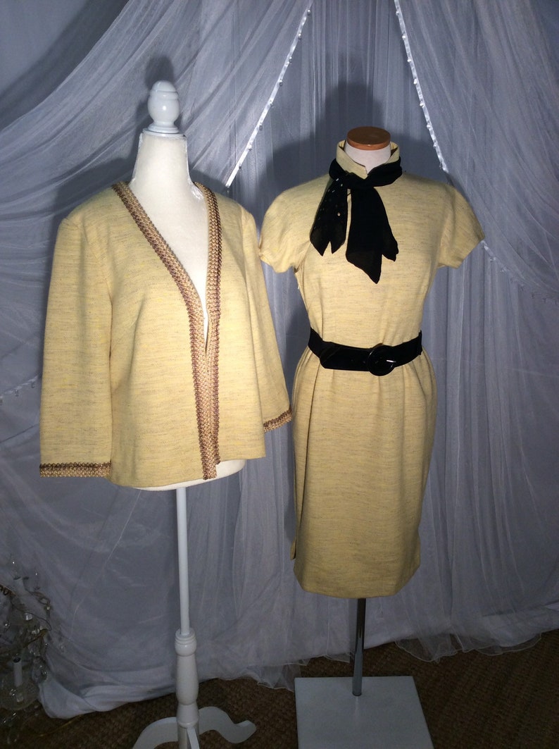 style sheath and matching jacket with gold braid trim Asian Vintage 1950\u2019s yellow wool tweed