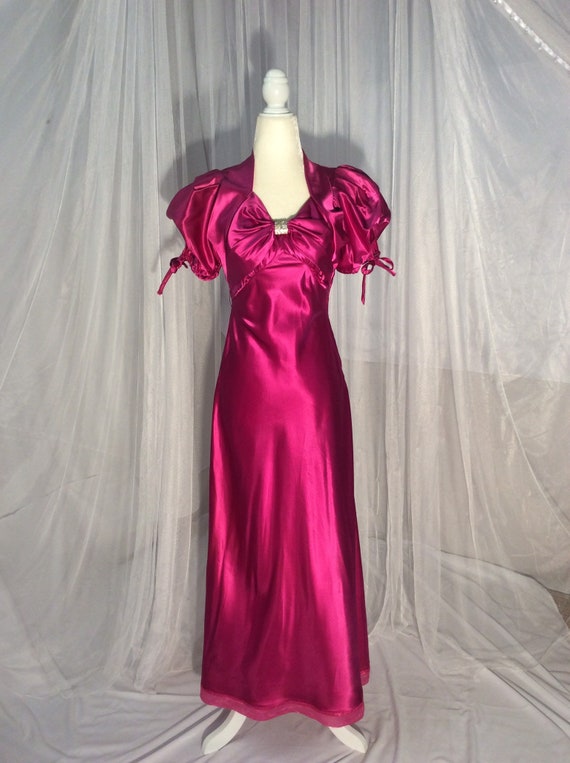 Vintage raspberry satin maxi gown, prom dress, wit