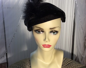 Vintage black rayon velvet Juliette- style hat with beading and feathers