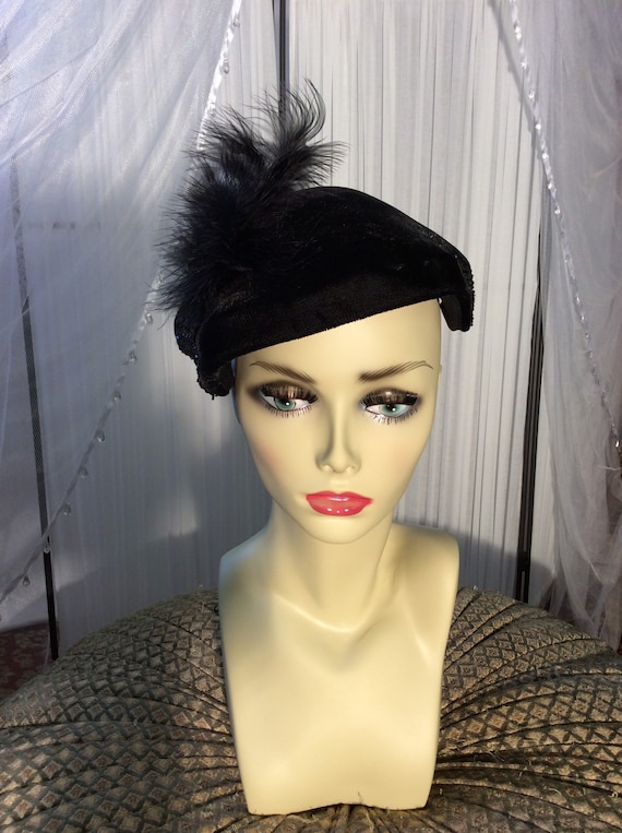 Vintage black rayon velvet Juliette- style hat wi… - image 1