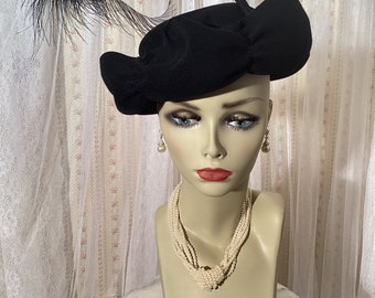 Vintage Monte Rey in California black felt Breton style hat with black feathers, 1950’s