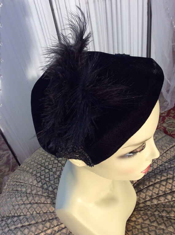 Vintage black rayon velvet Juliette- style hat wi… - image 7