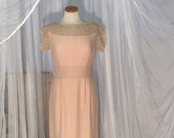 Vintage 1950's pink tea party, garden party, wedding guest dress with ecru cotton lace trims