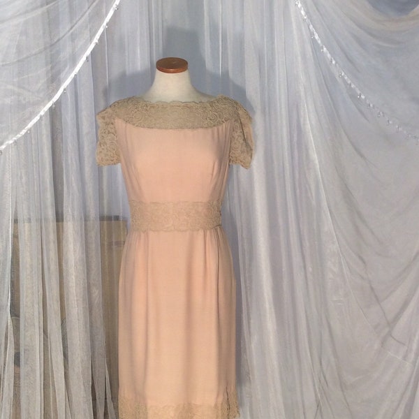 Vintage 1950's pink tea party, garden party, wedding guest dress with ecru cotton lace trims