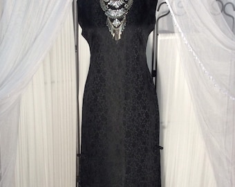 Vintage 60's black satin  jacquard long sheath gown with side splits