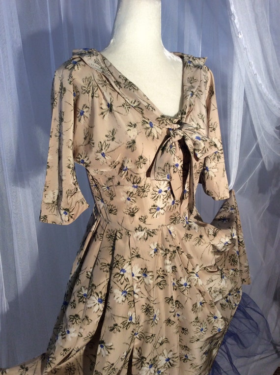 1950s Colleen Originals Floral Acetate Day Dress With 3/4 Sleeves