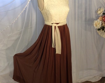 1960’s tobacco brown crepe maxi gown with ivory lace bodice