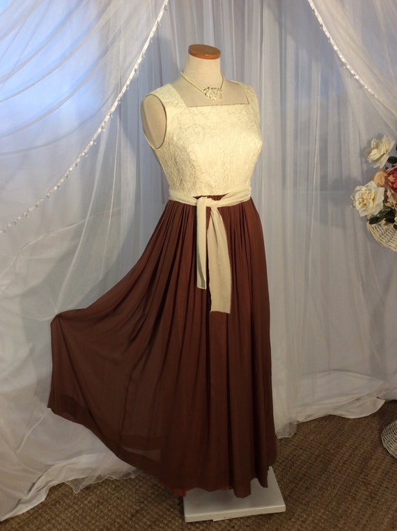 1960’s tobacco brown crepe maxi gown with ivory la