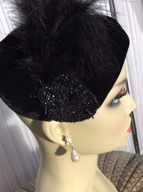 Vintage black rayon velvet Juliette- style hat wi… - image 2