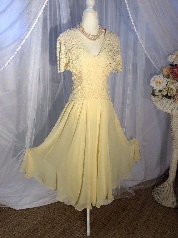 Vintage 1950’s, pale yellow chiffon and Guipure e… - image 1